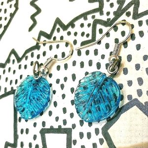 Turquoise Dangle Glass LEAF Earrings NWOT